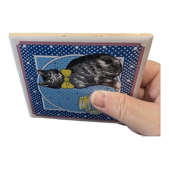 VTG Set of 3 Vintage Lanka Wall Tile Coaster Trivet Tabby Cat Made in Sri Lanka - Picture 6 of 9